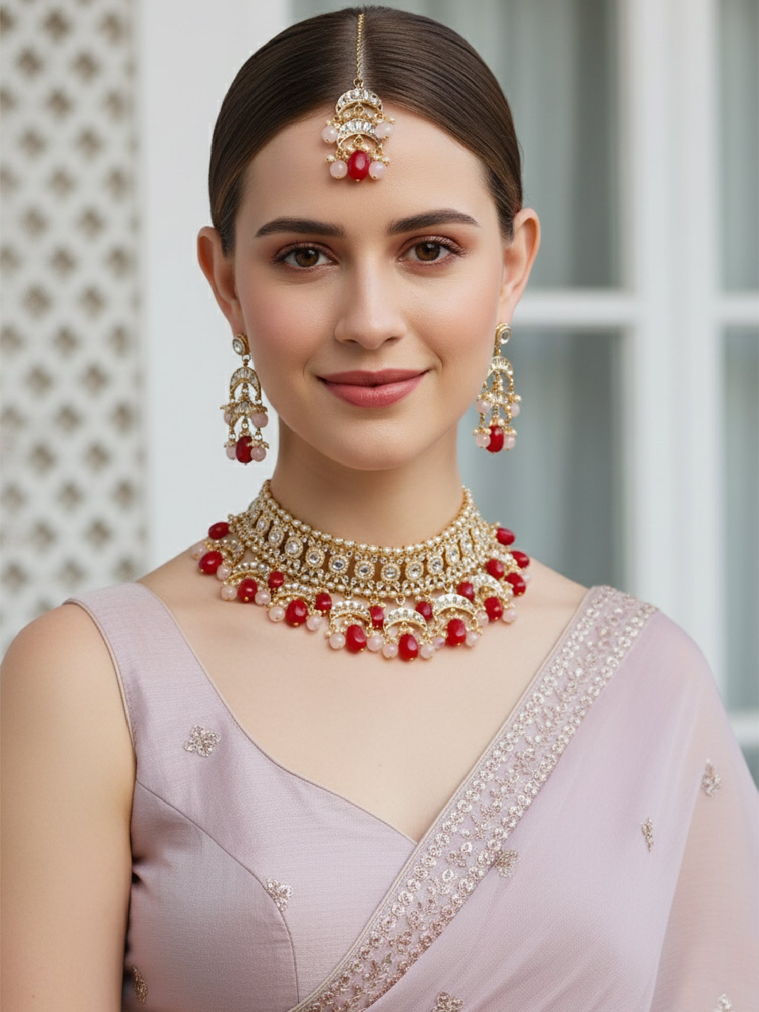 Karatcart Gold Plated Red Tumble and Pink Beads Choker Necklace Set