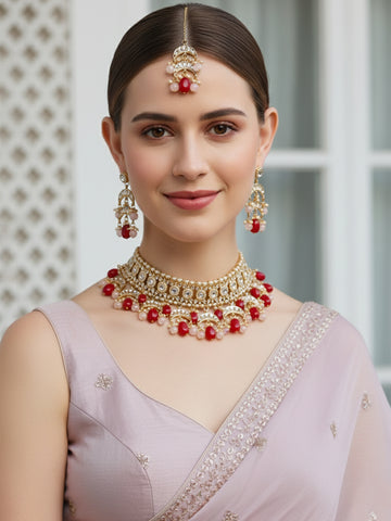 Karatcart Gold Plated Red Tumble and Pink Beads Choker Necklace Set