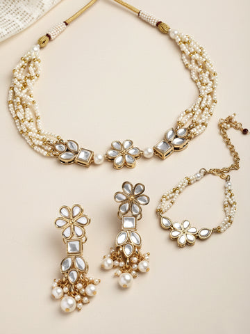 Karatcart Gold Plated Floral Shape Pearl Beaded Choker Necklace with Earrings and Bracelet