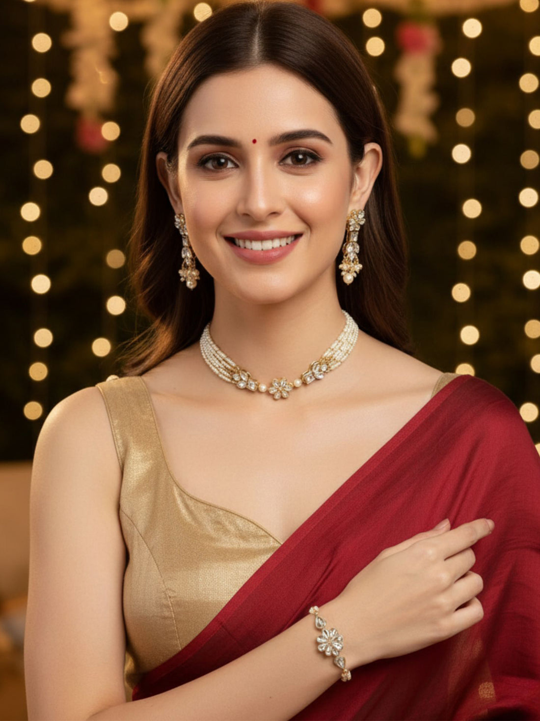 Karatcart Gold Plated Floral Shape Pearl Beaded Choker Necklace with Earrings and Bracelet