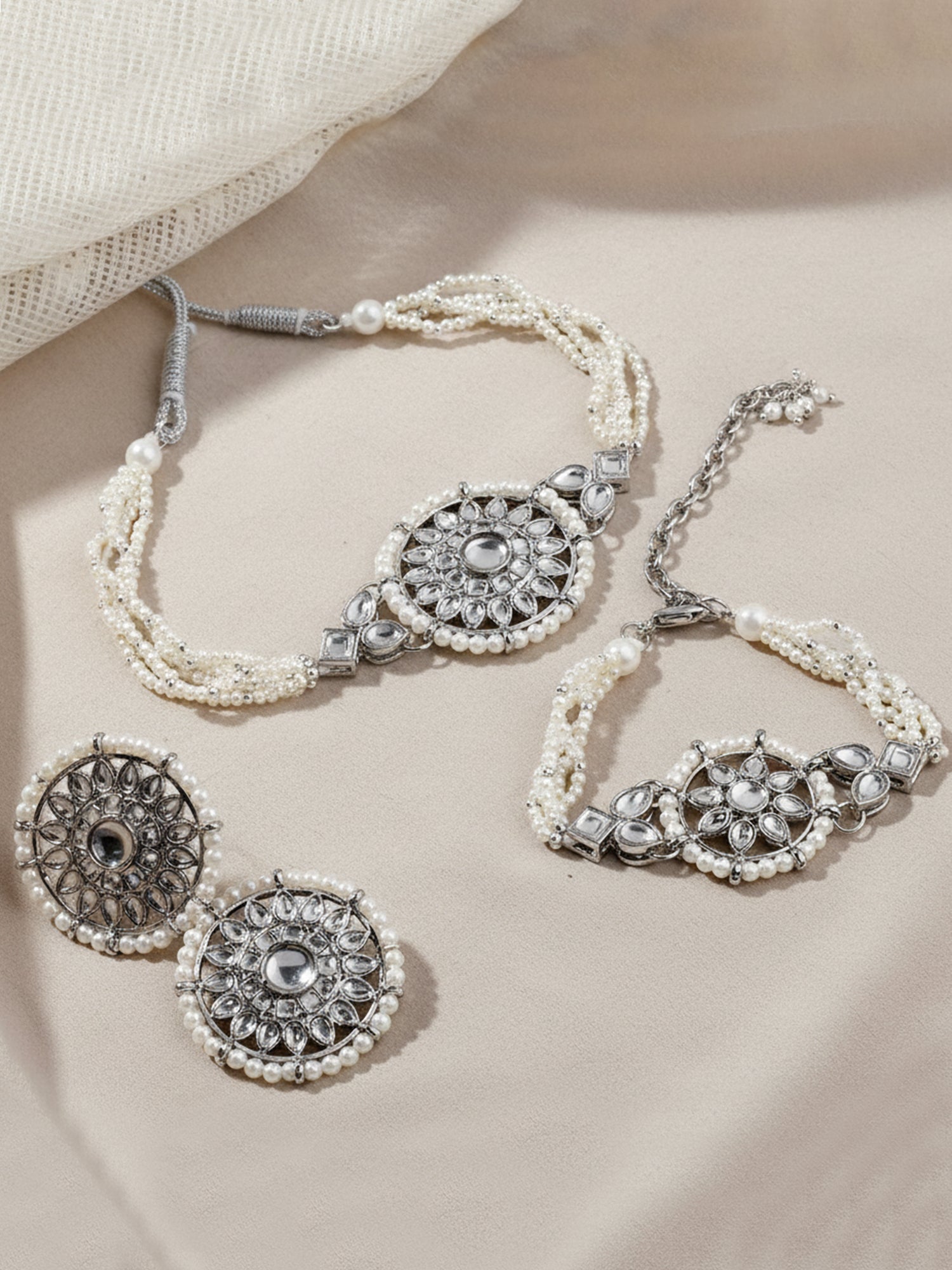 Karatcart Oxidised Silver Floral Shape Pearl Beaded Choker Necklace with Earrings and Bracelet