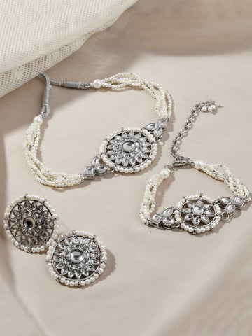 Karatcart Oxidised Silver Floral Shape Pearl Beaded Choker Necklace with Earrings and Bracelet