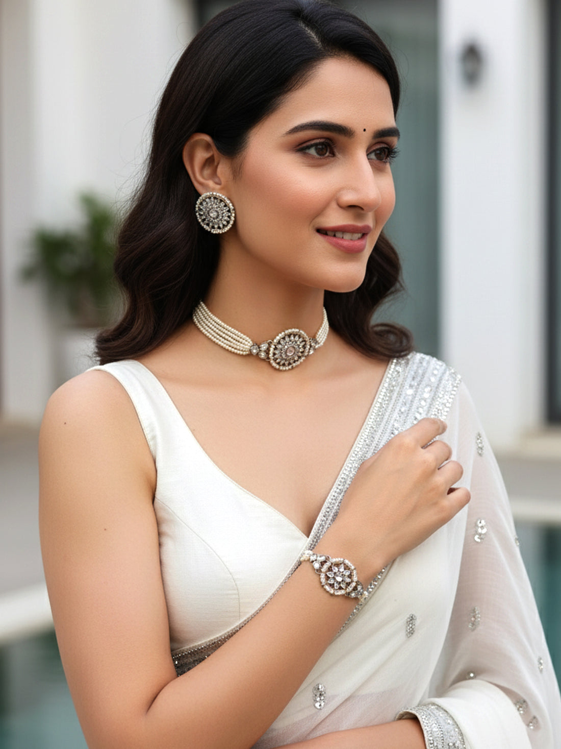 Karatcart Oxidised Silver Floral Shape Pearl Beaded Choker Necklace with Earrings and Bracelet