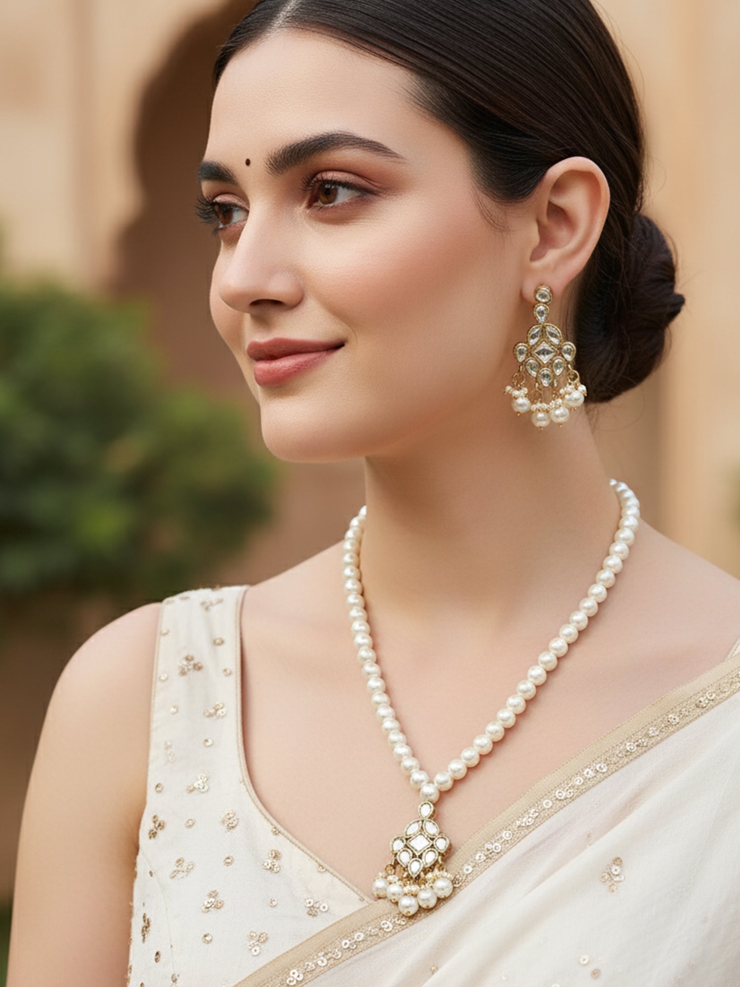 Karatcart Gold Plated Pearl Beads Studded Kundan Necklace Set for Women