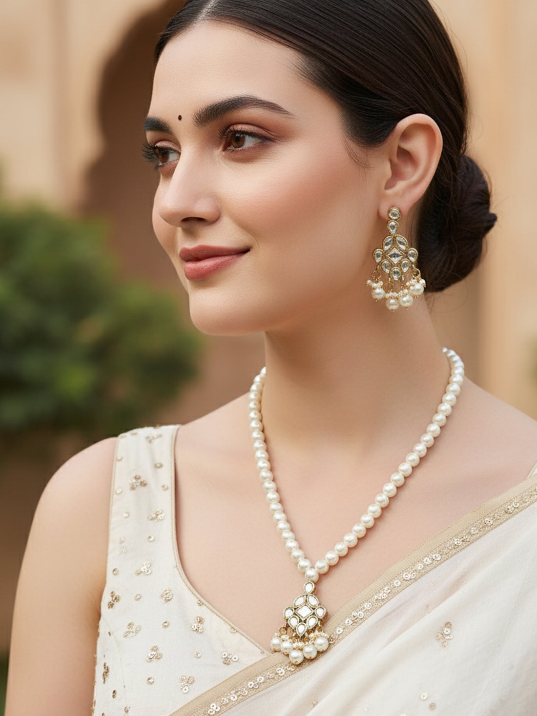 Karatcart Gold Plated Pearl Beads Studded Kundan Necklace Set for Women