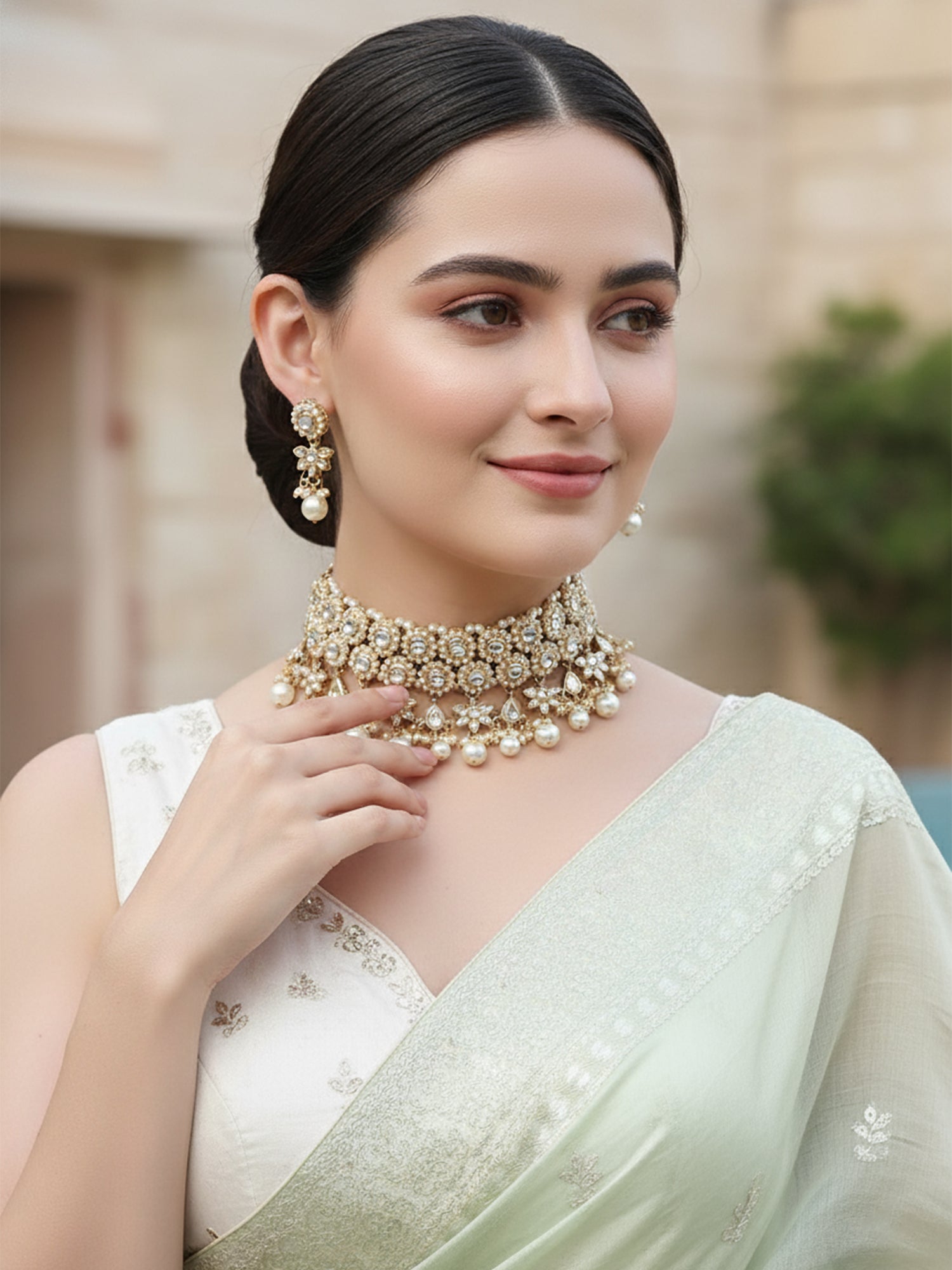 Karatcart Gold Plated Pearl and Kundan Studded Choker Necklace Set for Women