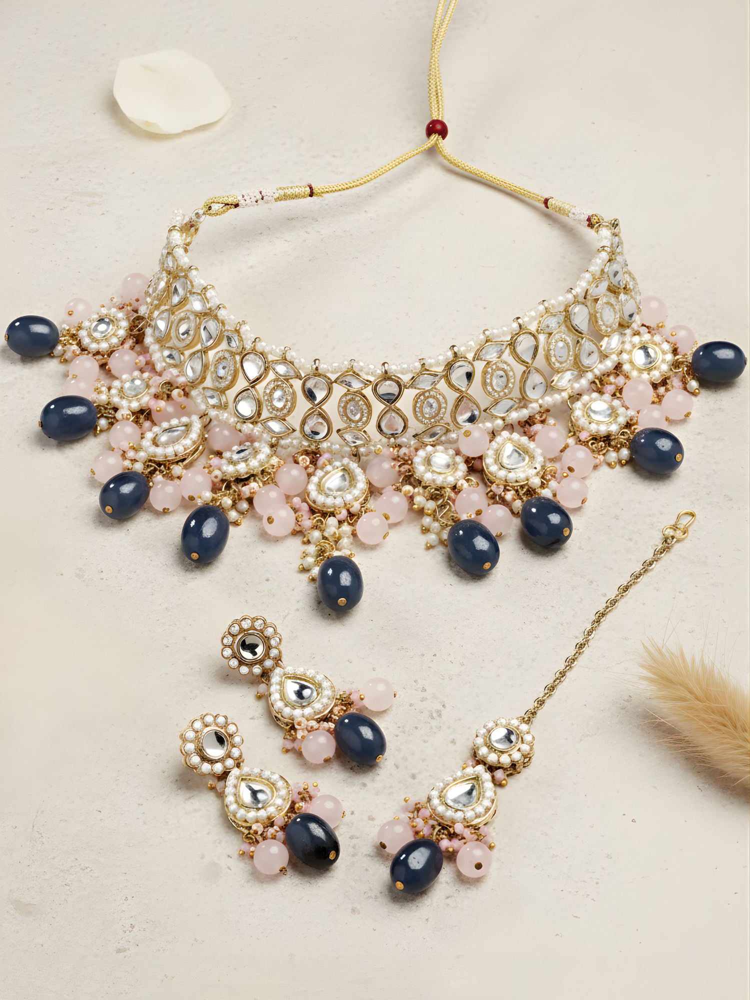 Karatcart Gold Plated Blue and Pink Kundan Choker Necklace Set for Women