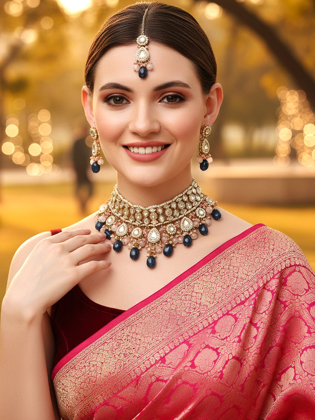 Karatcart Gold Plated Blue and Pink Kundan Choker Necklace Set for Women