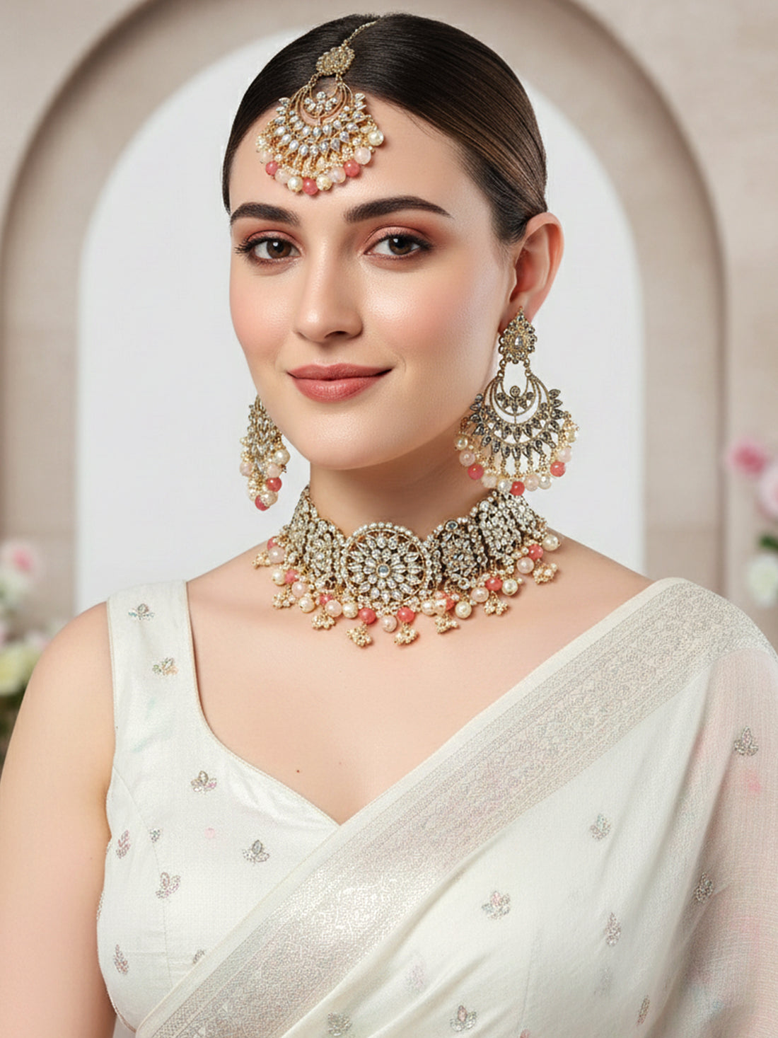 Karatcart Gold Plated Peach and Pink Beads Kundan Choker Necklace Set for Women