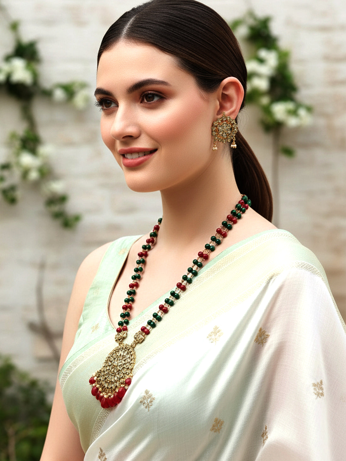 Karatcart Gold Plated Red and Green Beads Kundan Rani Haar Necklace Set for Women