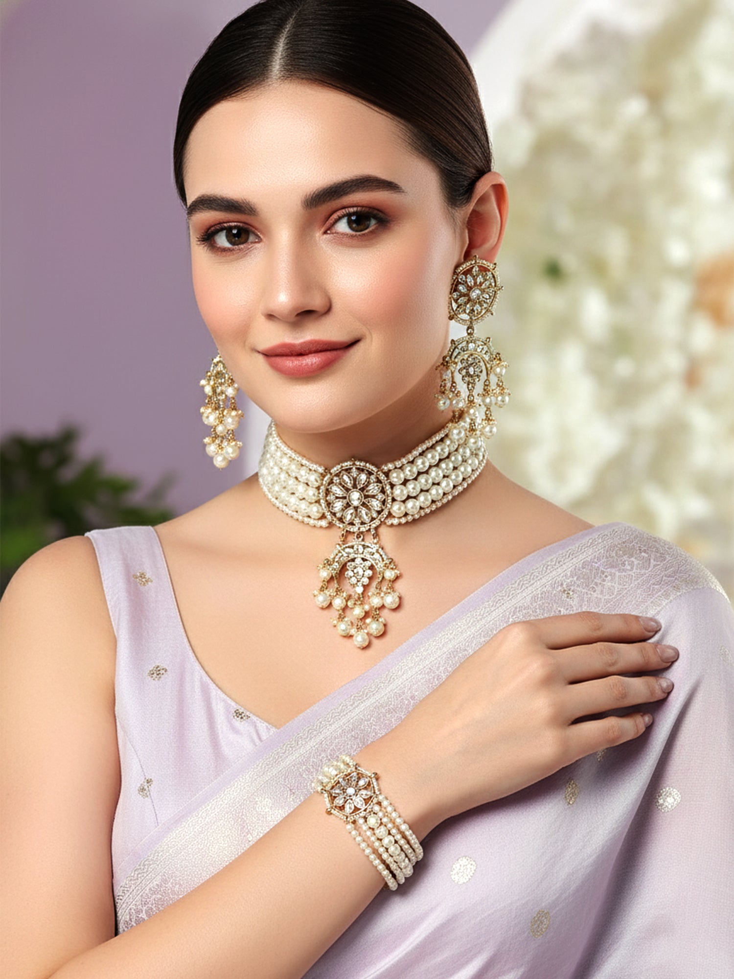 Karatcart Gold Plated White Pearl Kundan Choker Necklace Set with Bracelet for Women