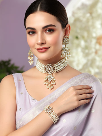 Karatcart Gold Plated White Pearl Kundan Choker Necklace Set with Bracelet for Women
