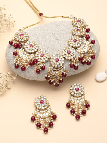 Karatcart Gold Plated Red Beads Kundan Choker Necklace Set for Women