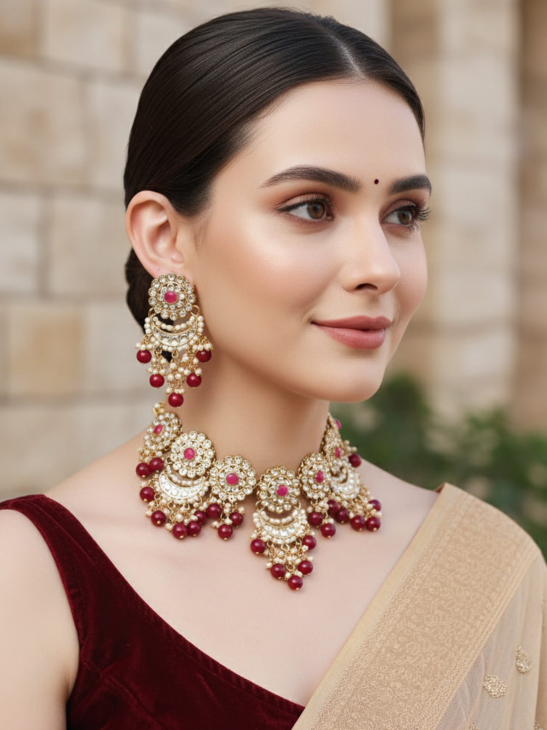 Karatcart Gold Plated Red Beads Kundan Choker Necklace Set for Women