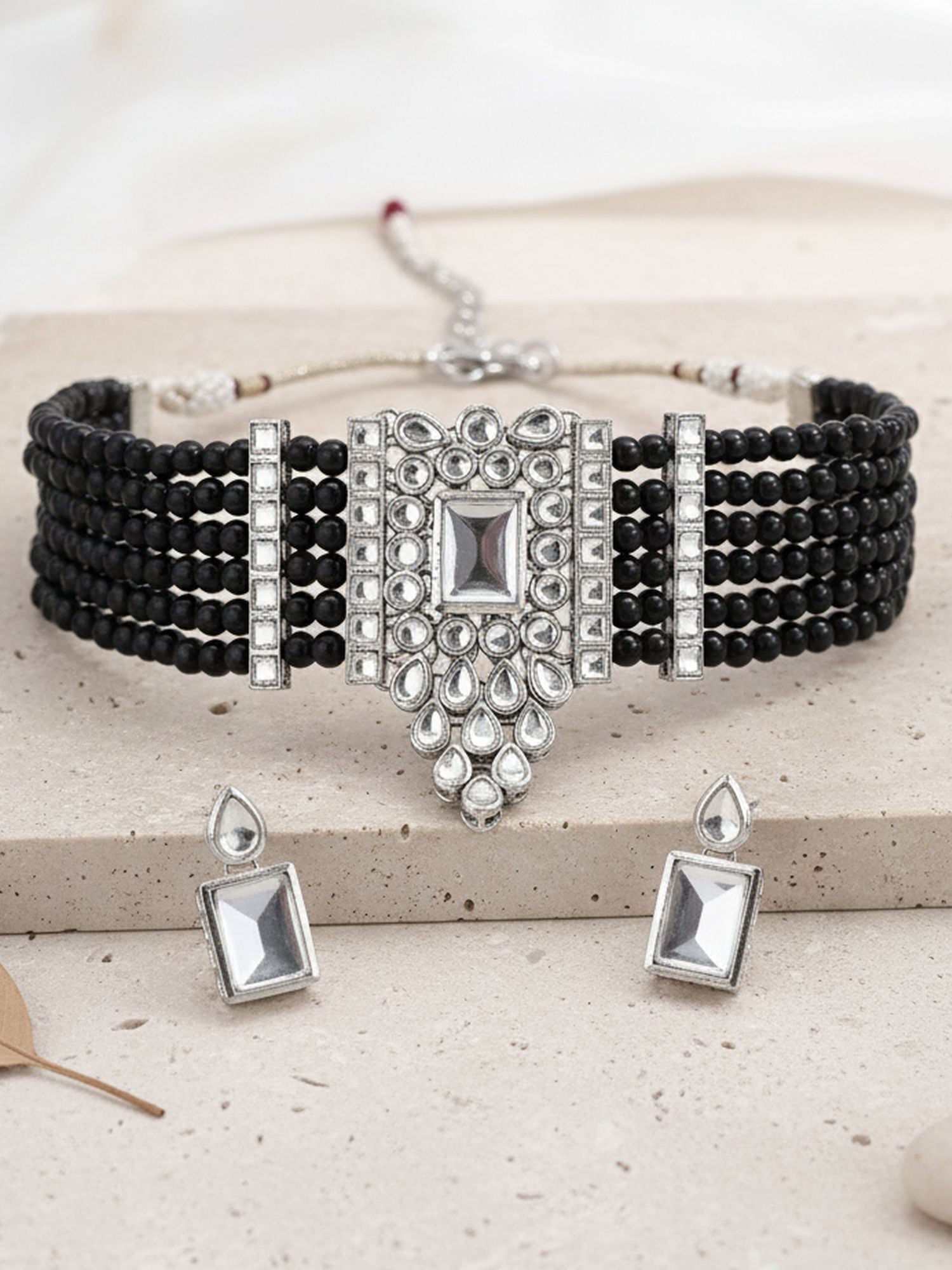 Karatcart Silver Plated Black Beaded Choker Necklace Set for Women