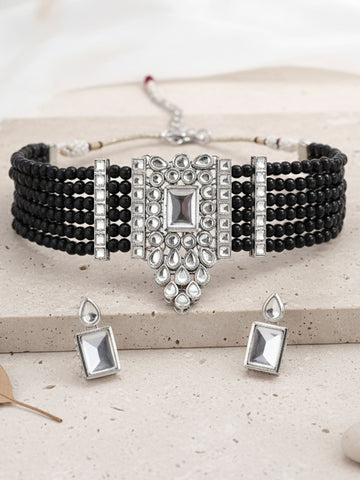 Karatcart Silver Plated Black Beaded Choker Necklace Set for Women