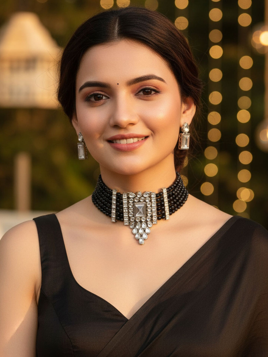 Karatcart Silver Plated Black Beaded Choker Necklace Set for Women