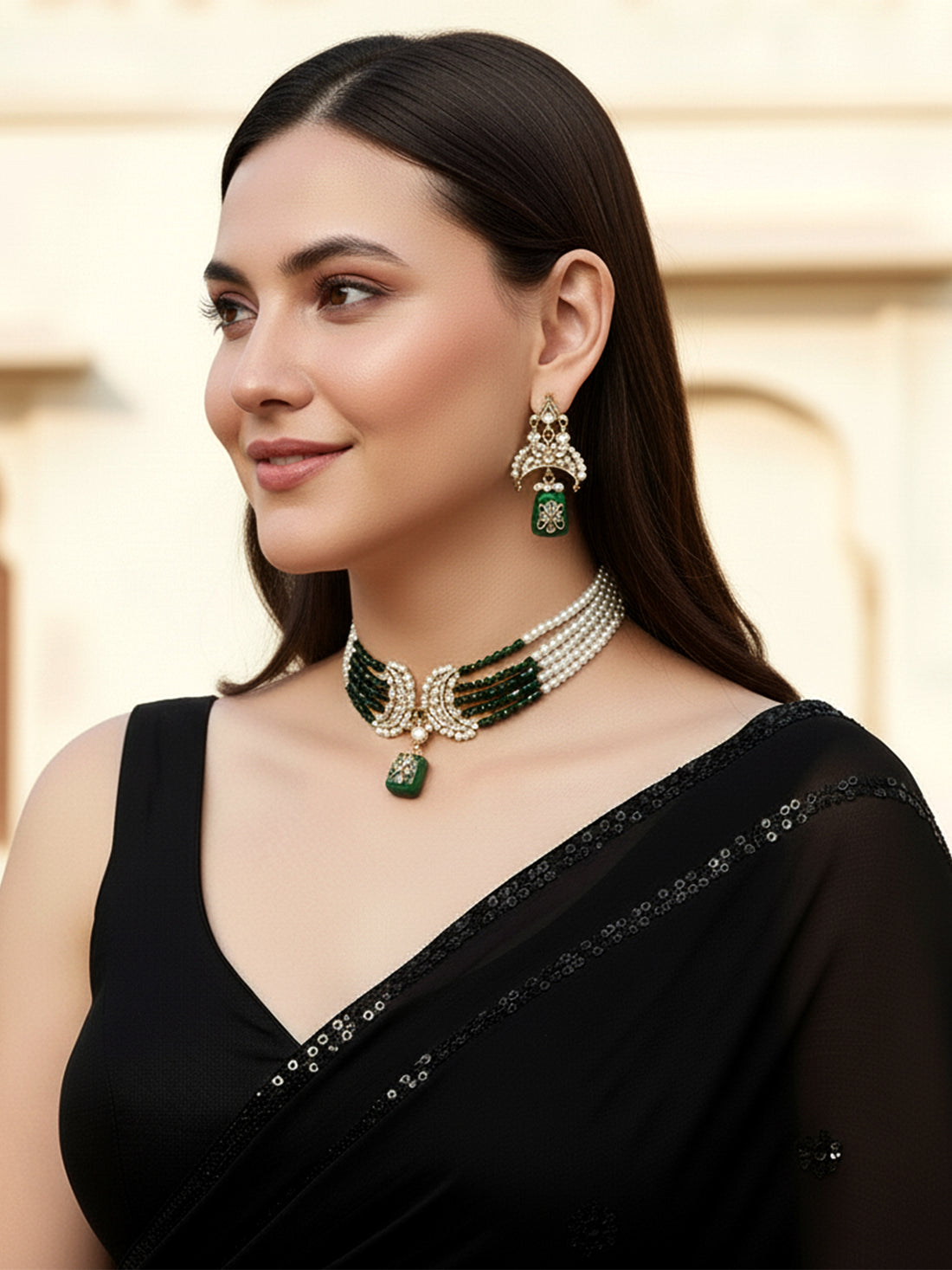 Karatcart Gold Plated Green Tumble Beaded Choker Necklace Set for Women