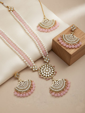 Karatcart Gold Plated Pink Beads and Pearl Rani Haar Necklace Set for Women