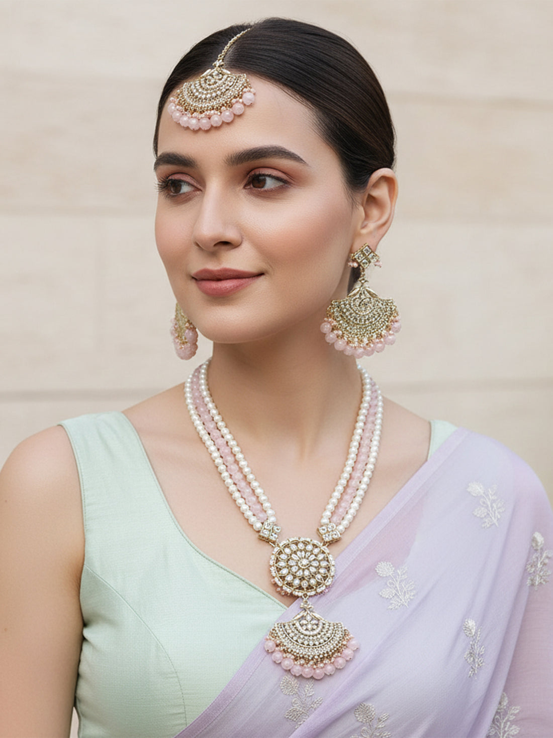 Karatcart Gold Plated Pink Beads and Pearl Rani Haar Necklace Set for Women