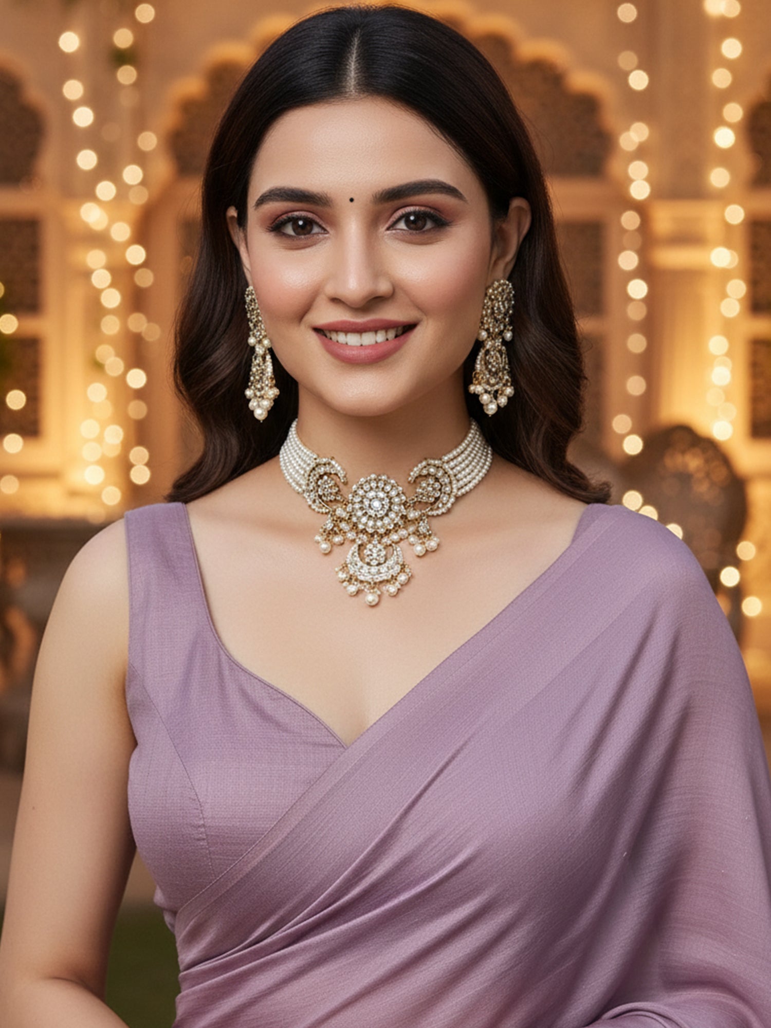 Karatcart Gold Plated Pearl Beaded Kundan Choker Necklace Set for Women