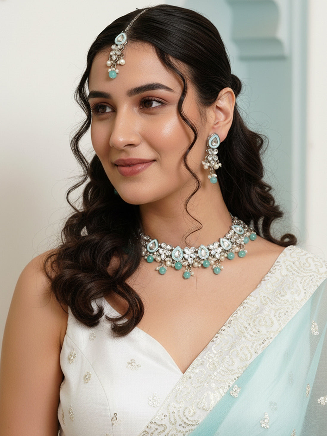 Karatcart Light Blue Beads Oxidised Silver Kundan Necklace Set for Women