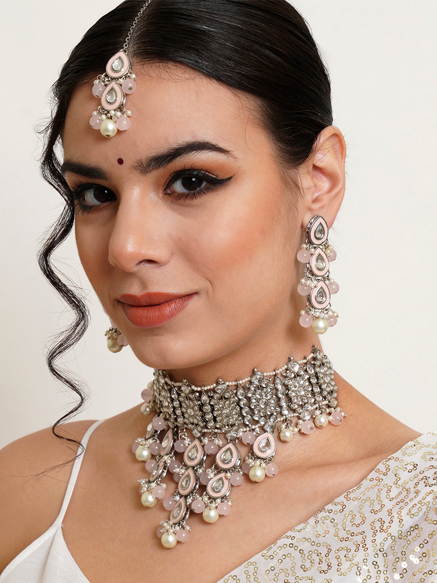 Handcrafted Oxidised Silver Kundan & Pearl Choker Necklace Set - Black, For Weddings & Parties