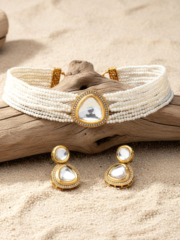 Karatcart Gold Plated White Polki Kundan Choker Necklace Set for Women