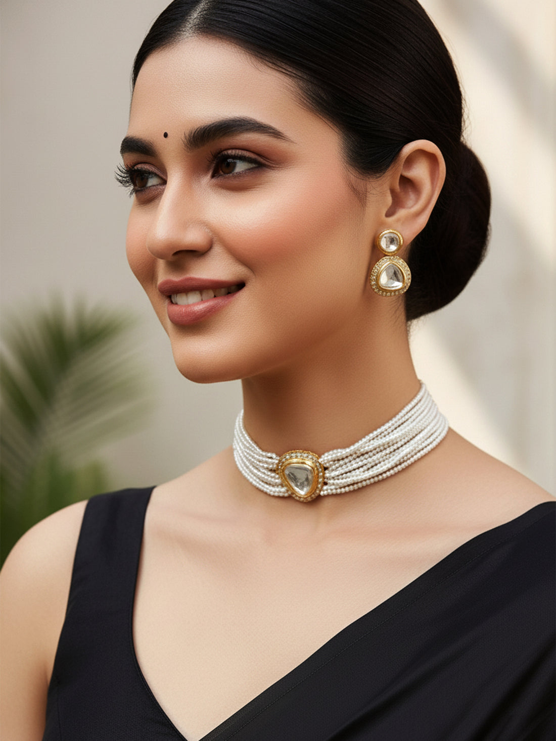 Karatcart Gold Plated White Polki Kundan Choker Necklace Set for Women