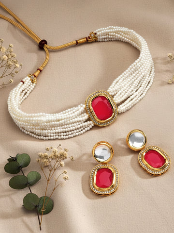 Karatcart Gold Plated Red Polki Kundan Choker Necklace Set for Women