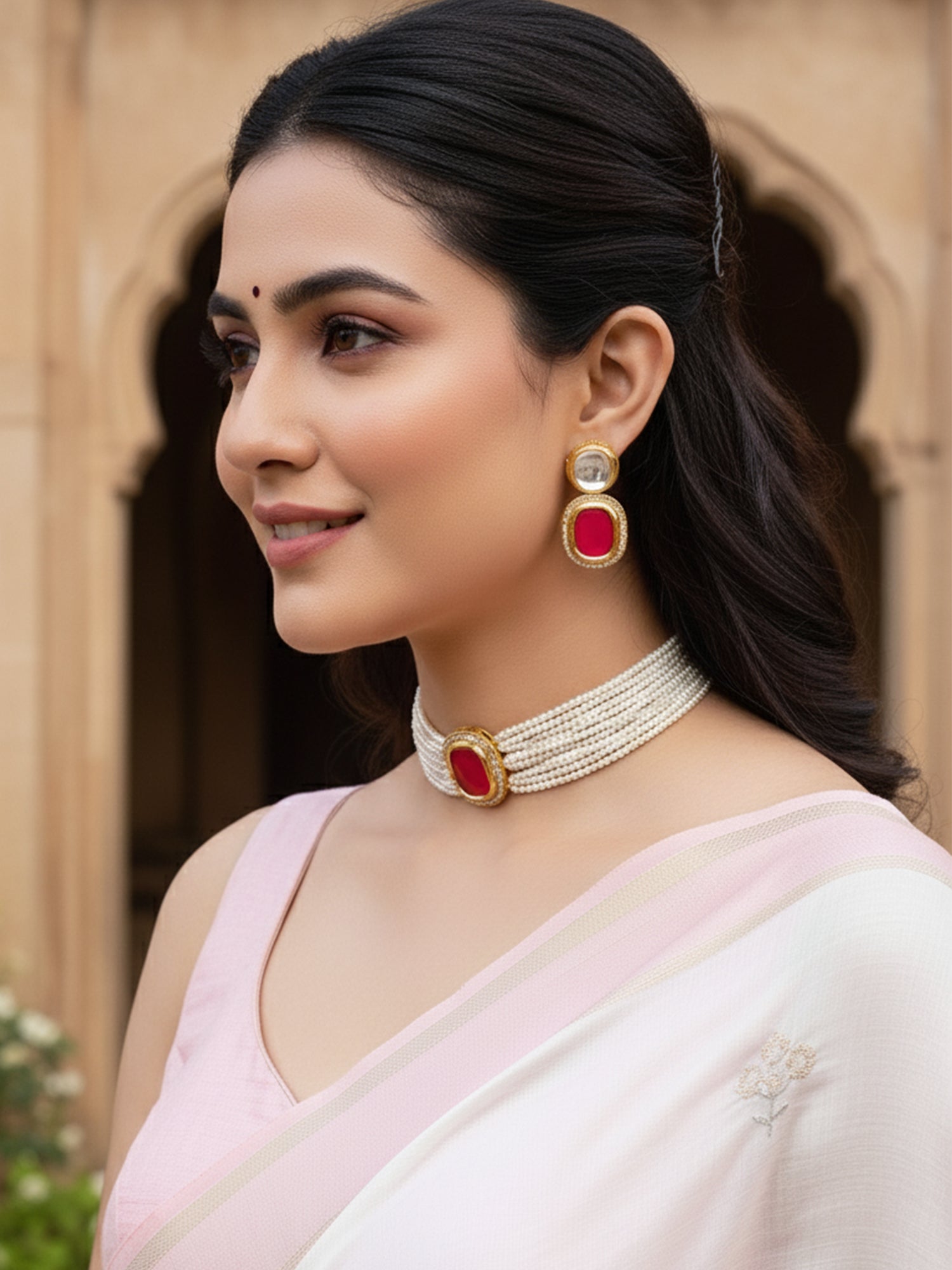 Karatcart Gold Plated Red Polki Kundan Choker Necklace Set for Women