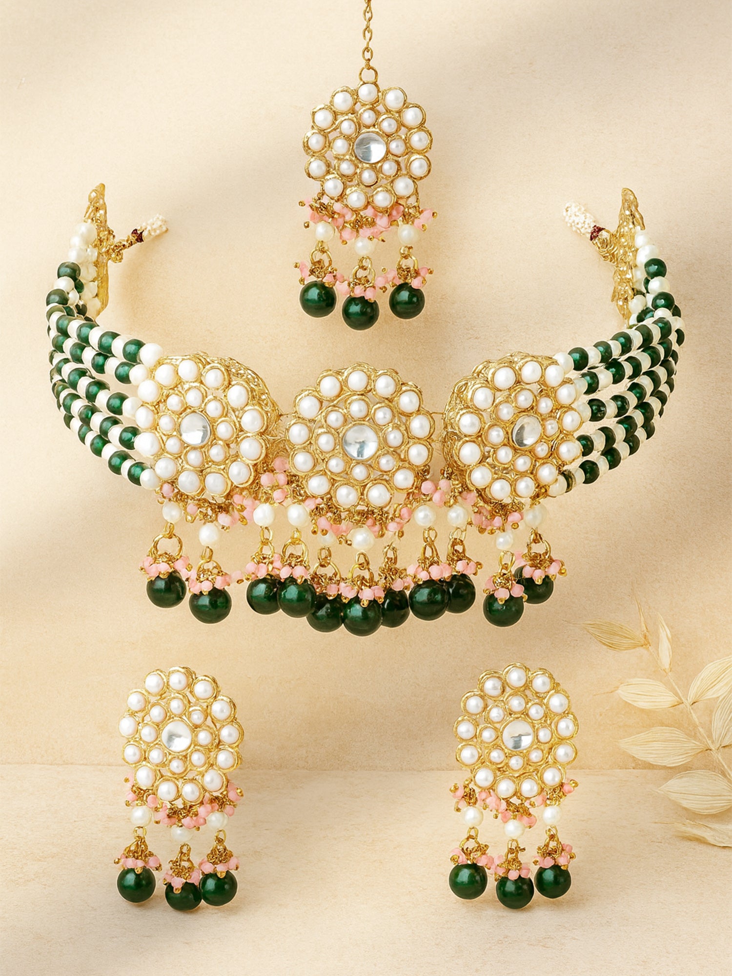 Karatcart Gold Plated White Pearl and Green Beaded Kundan Choker Necklace Set for Women