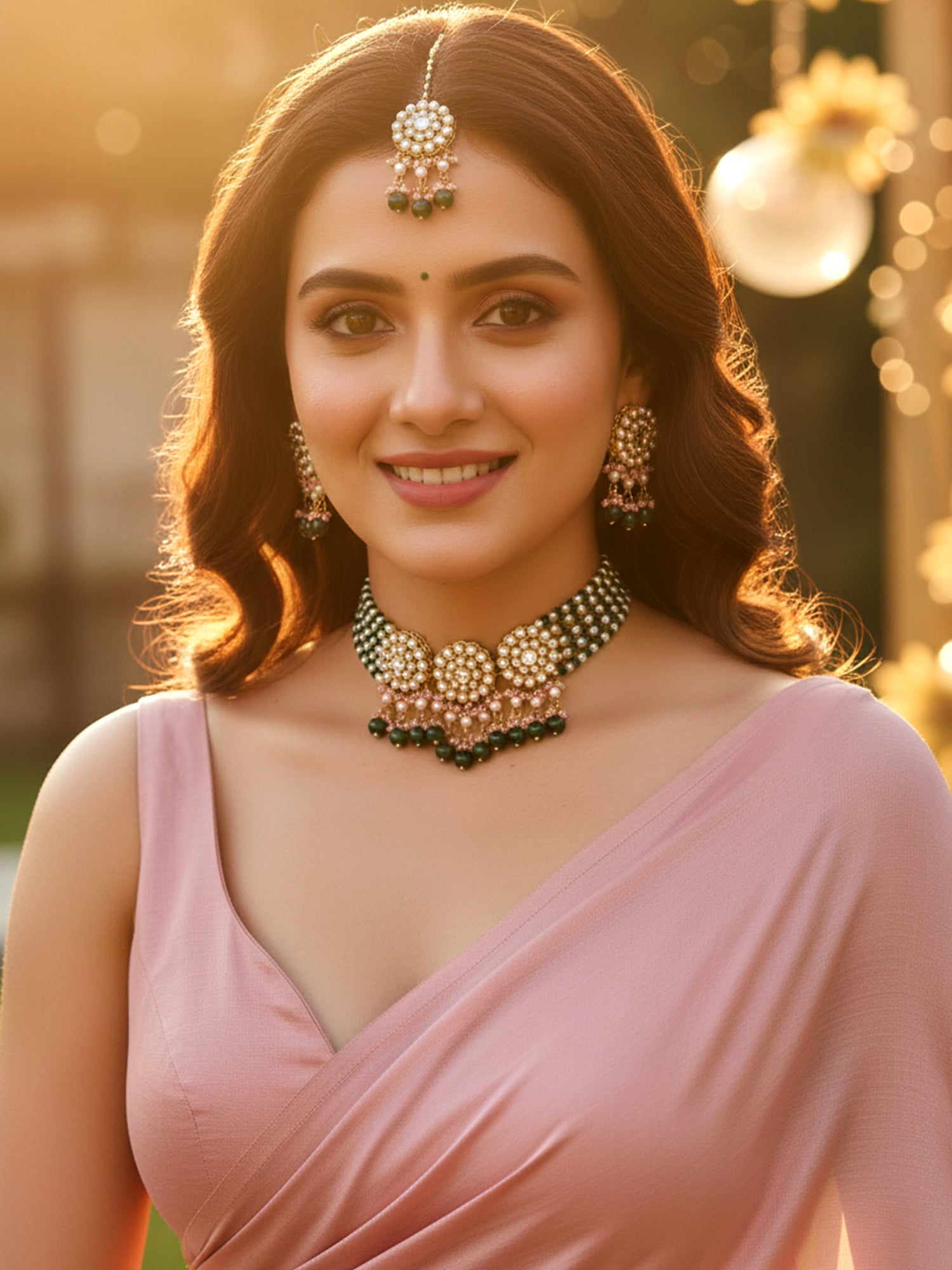 Karatcart Gold Plated White Pearl and Green Beaded Kundan Choker Necklace Set for Women