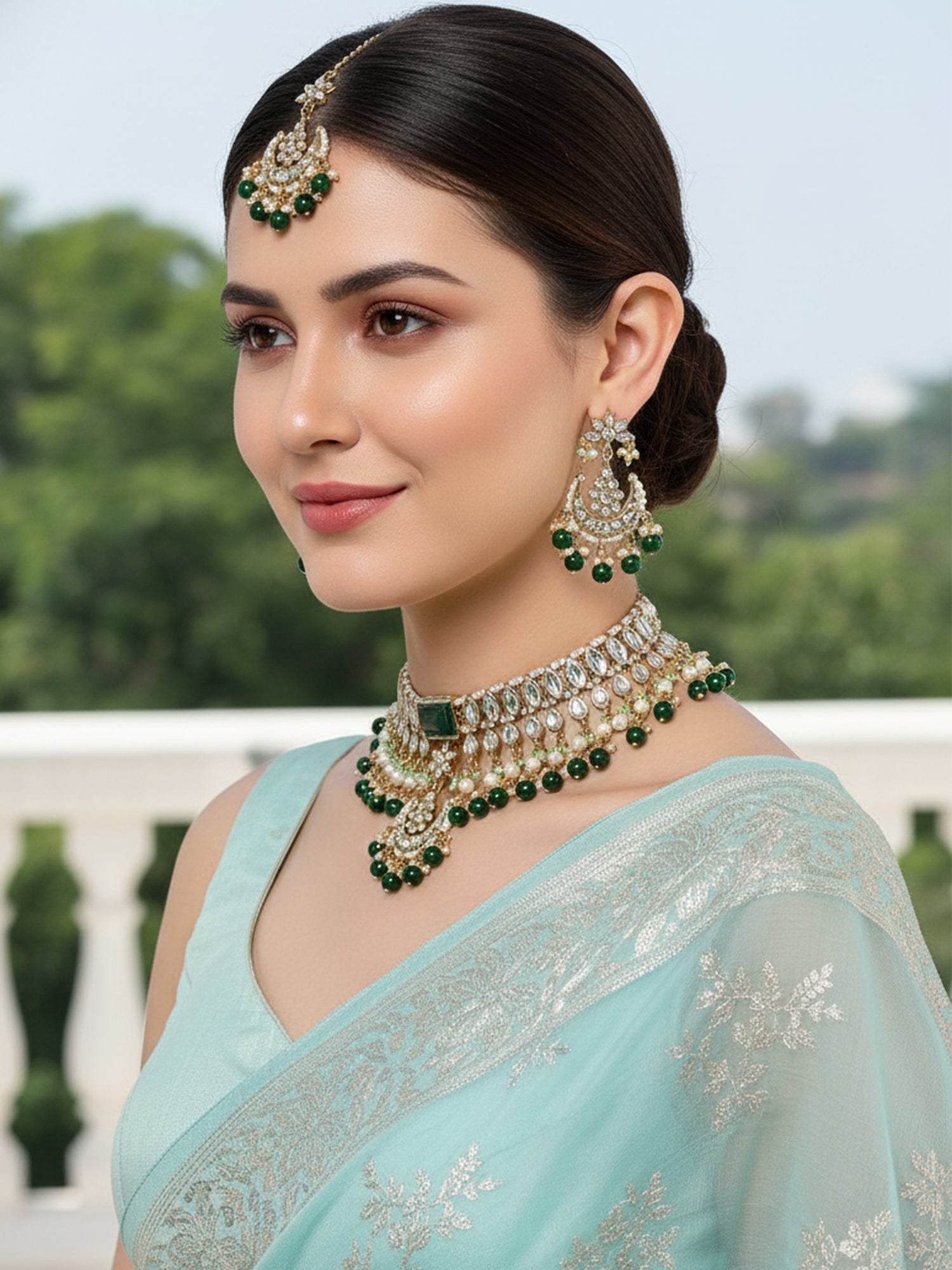 Karatcart Gold Plated Green Beads and Pearl Kundan Choker Necklace Set for Women