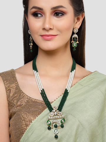 Karatcart Gold Plated Green Beads and Pearl Kundan Rani Haar Necklace Set for Women