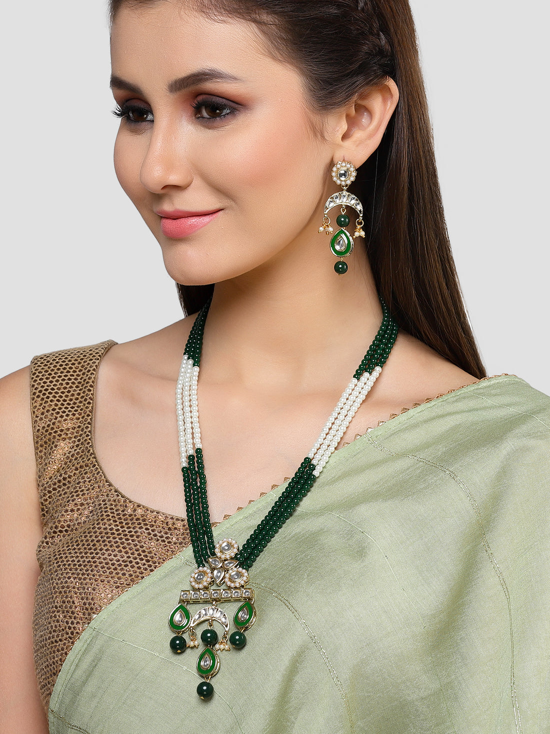 Karatcart Gold Plated Green Beads and Pearl Kundan Rani Haar Necklace Set for Women