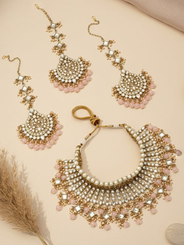 Karatcart Gold Plated Pink Beads Kundan Bridal Choker Necklace Set for Women