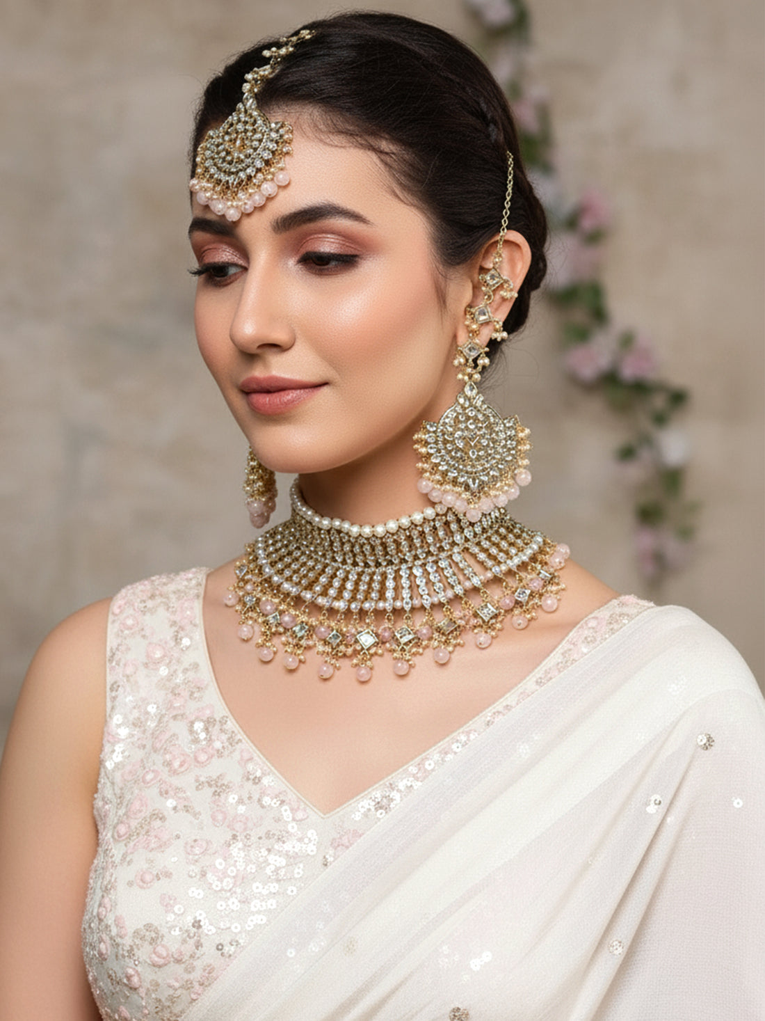 Karatcart Gold Plated Pink Beads Kundan Bridal Choker Necklace Set for Women