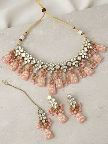 Karatcart Pink Tumble Gold Plated Kundan Choker Necklace Set for Women