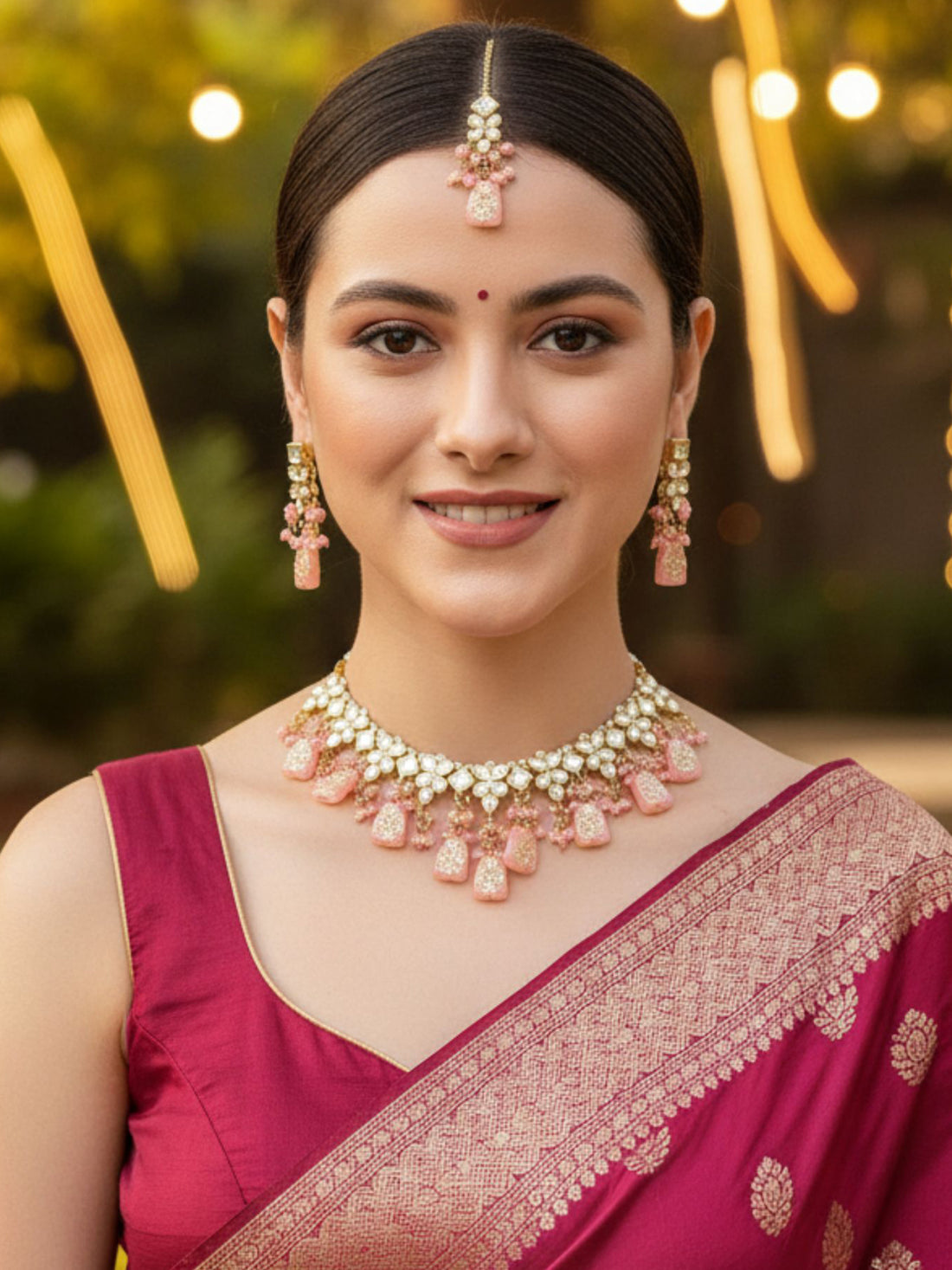 Karatcart Pink Tumble Gold Plated Kundan Choker Necklace Set for Women