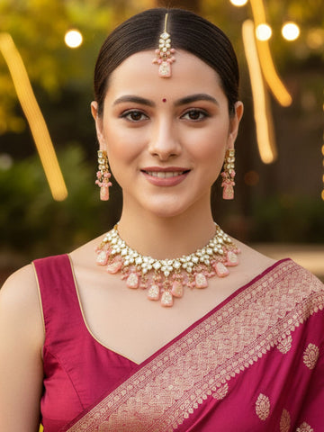 Karatcart Pink Tumble Gold Plated Kundan Choker Necklace Set for Women