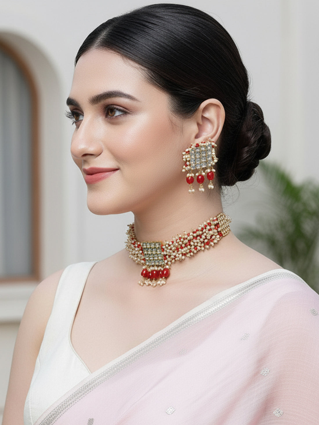 Karatcart Red Crystal and Pearl Beaded Kundan Choker Necklace Set for Women