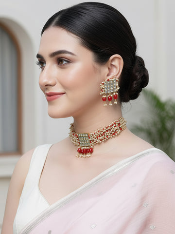 Karatcart Red Crystal and Pearl Beaded Kundan Choker Necklace Set for Women