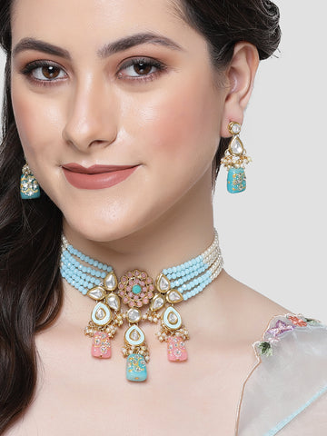 KARATCART Gold Plated Kundan Choker Light Blue Jewellery Set for Women