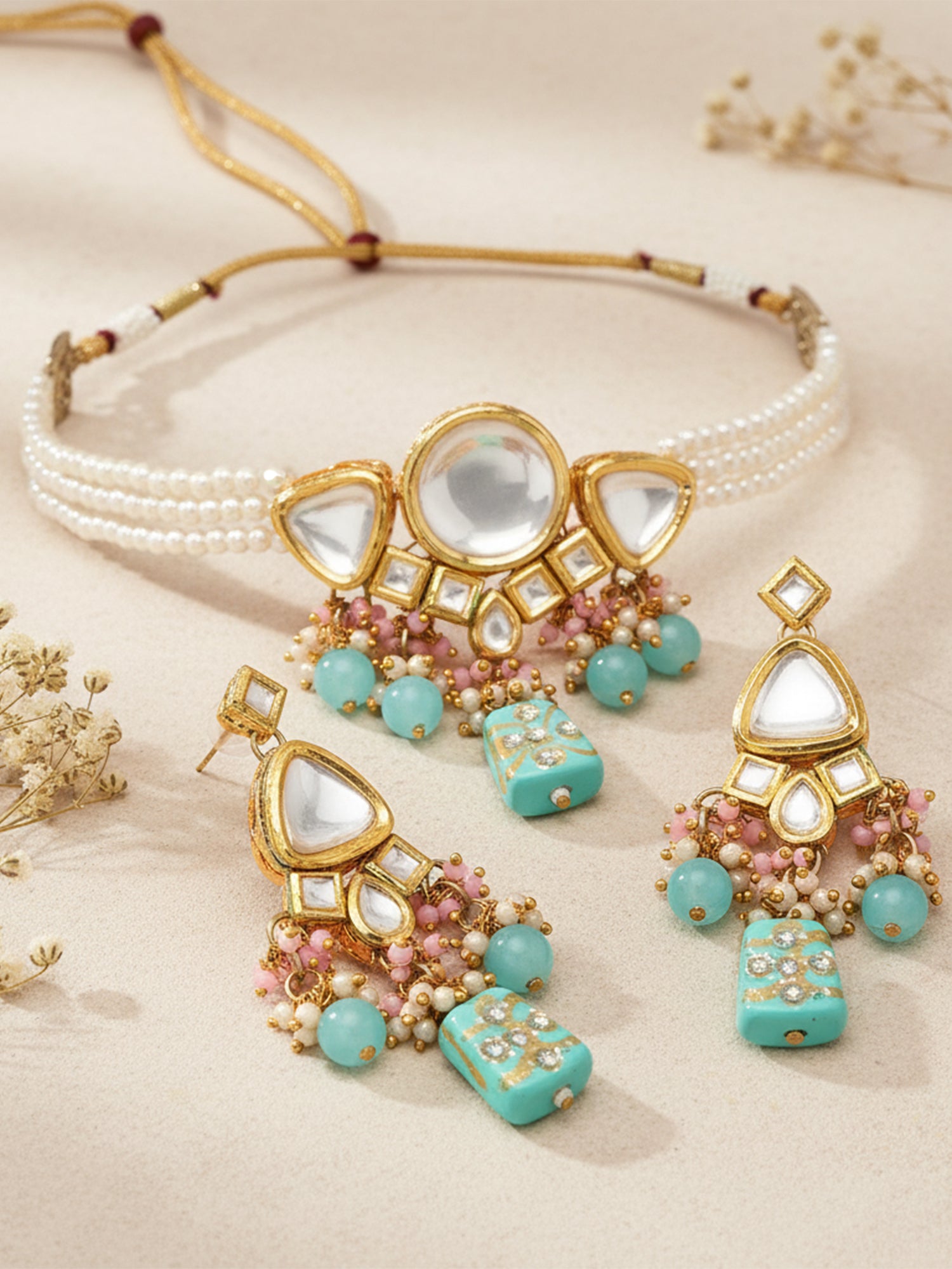 Karatcart Light Blue Tumble and Pearl Studded Polki Kundan Choker Necklace Set for Women