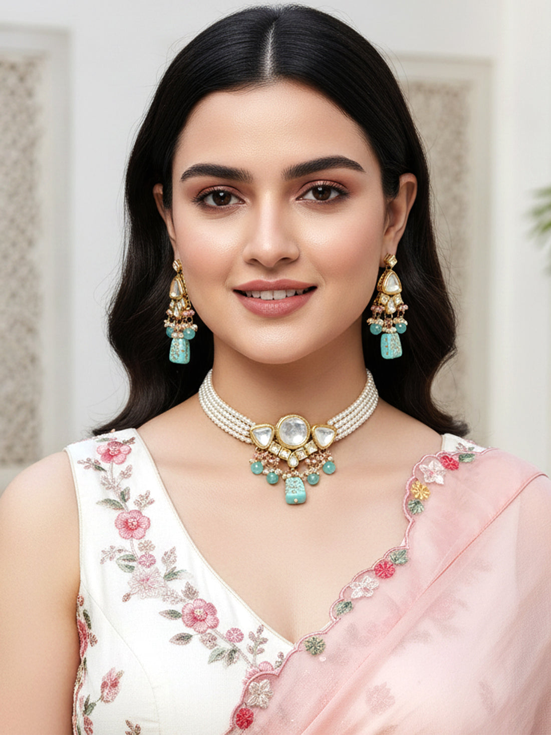 Karatcart Light Blue Tumble and Pearl Studded Polki Kundan Choker Necklace Set for Women