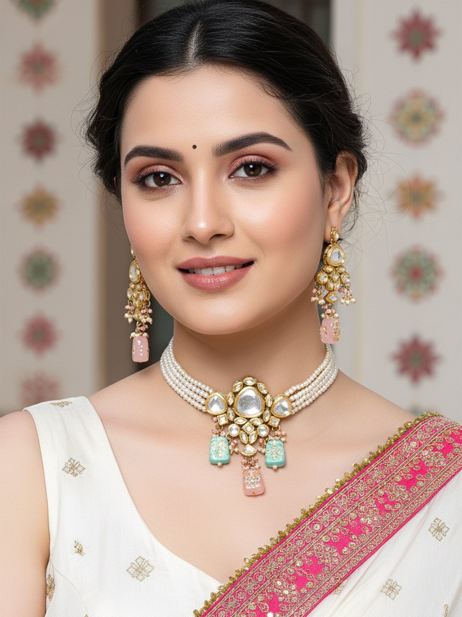 Karatcart Pink and Light Blue Tumble Studded Polki Kundan Choker Necklace Set for Women