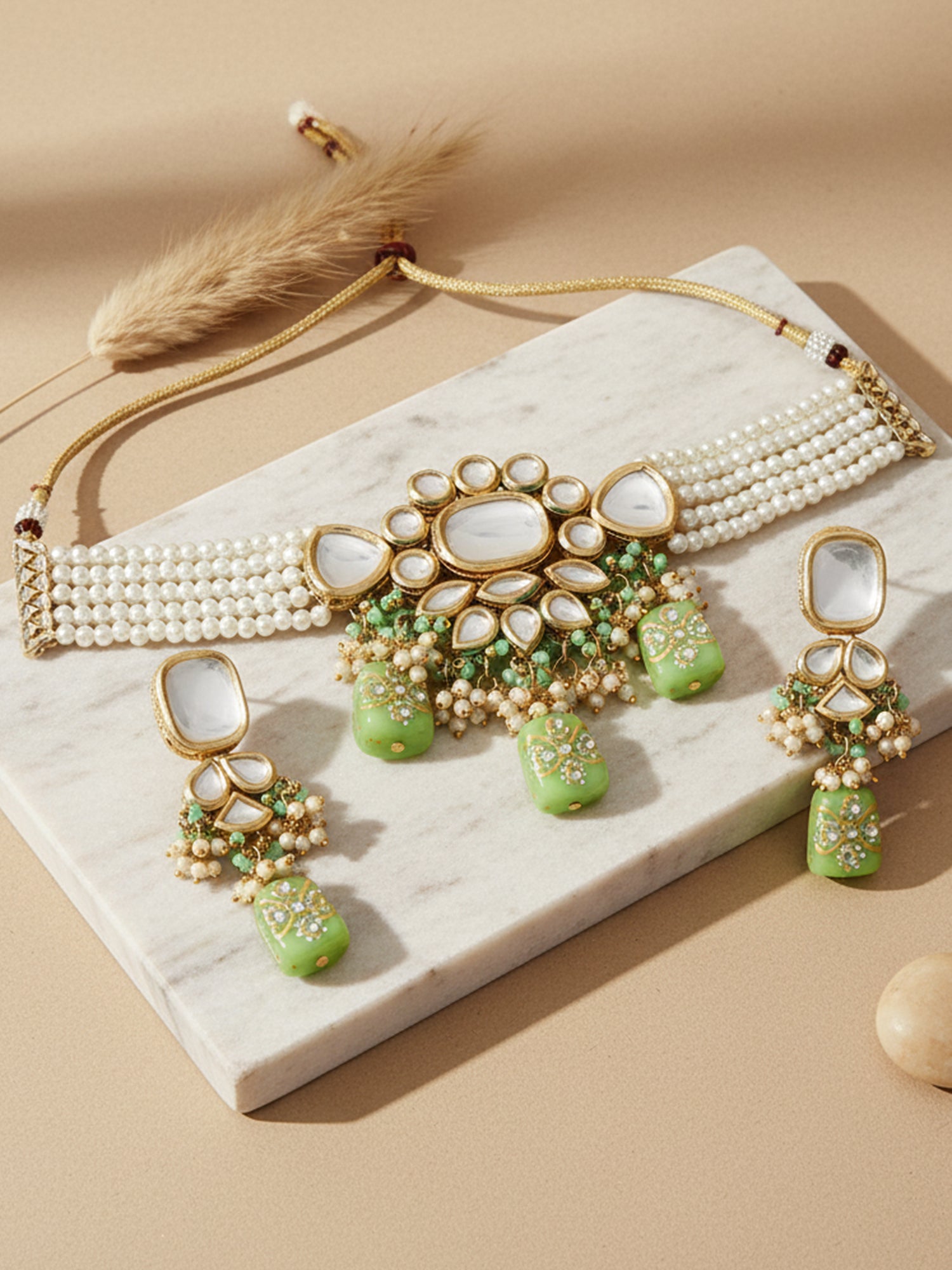 Karatcart Gold Plated Light Green Tumble Polki Kundan Choker Necklace Set for Women