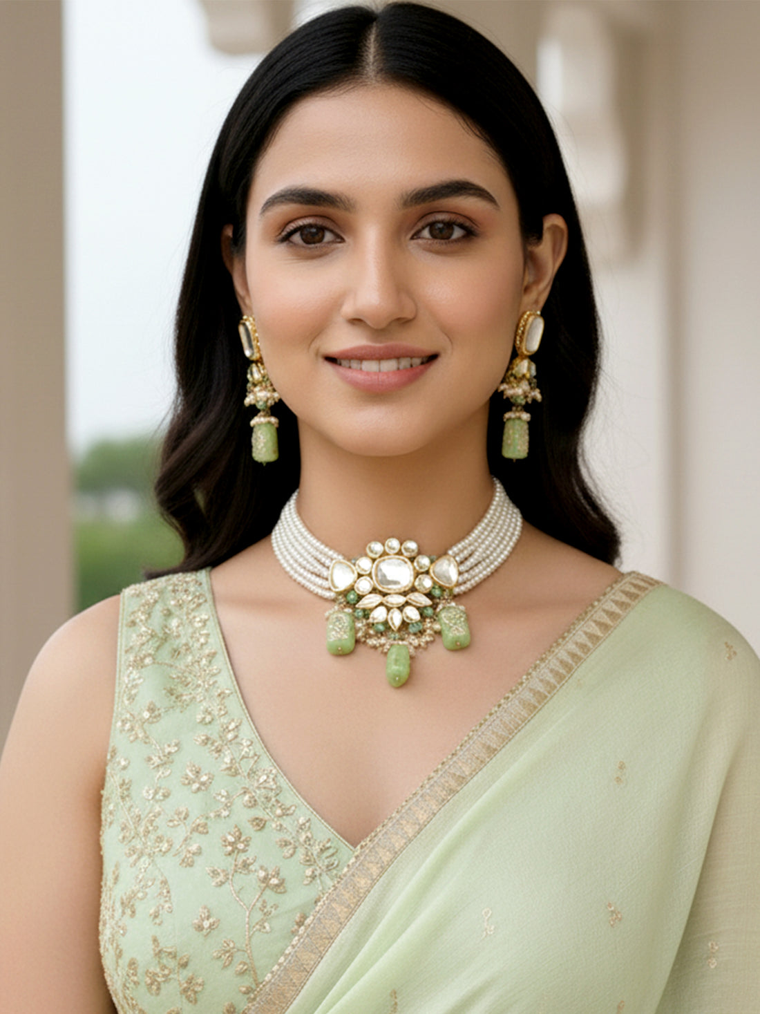 Karatcart Gold Plated Light Green Tumble Polki Kundan Choker Necklace Set for Women