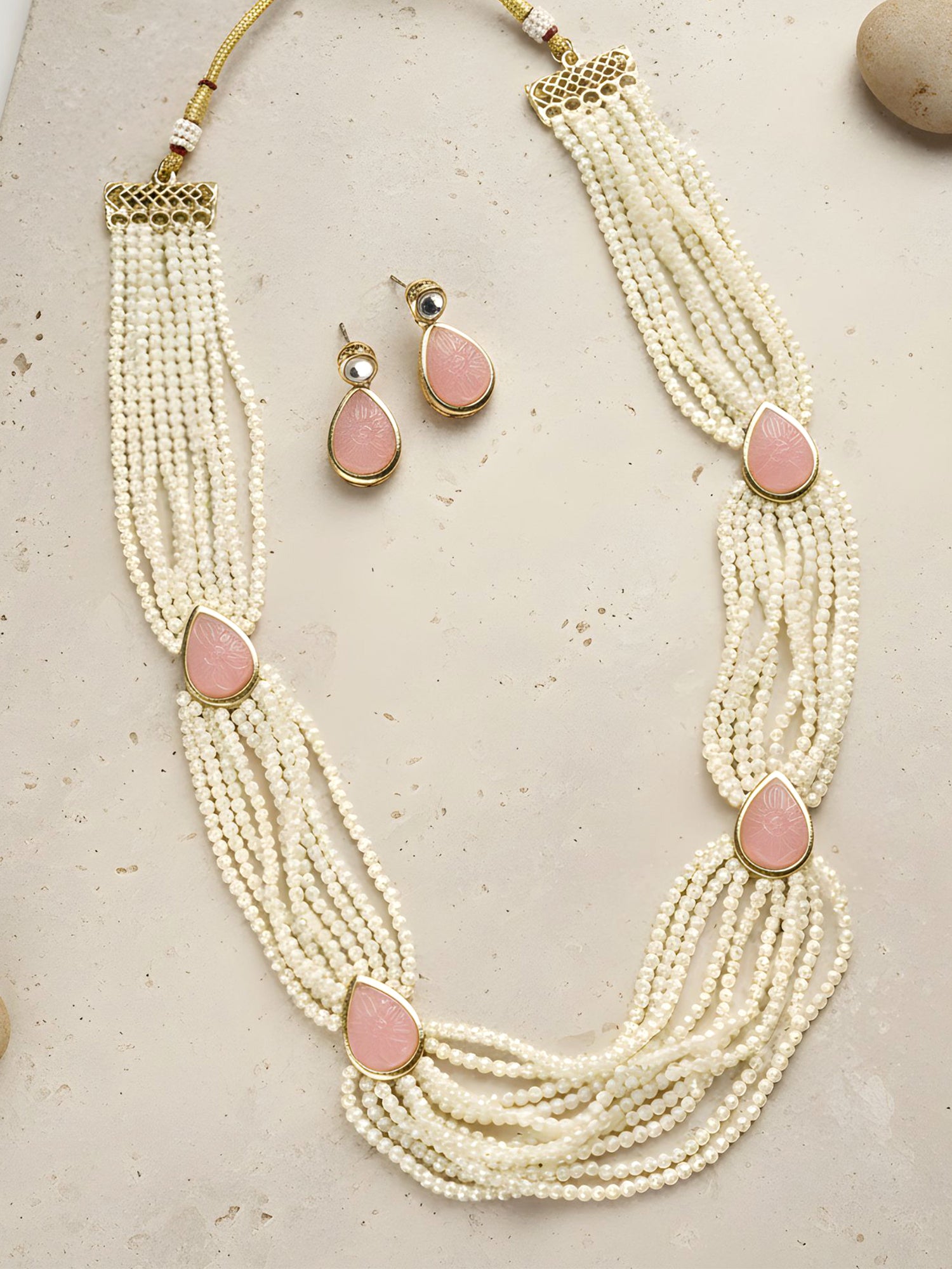 Karatcart Pink Carved Stone Studded Pearl Beaded Rani Haar Necklace Set for Women